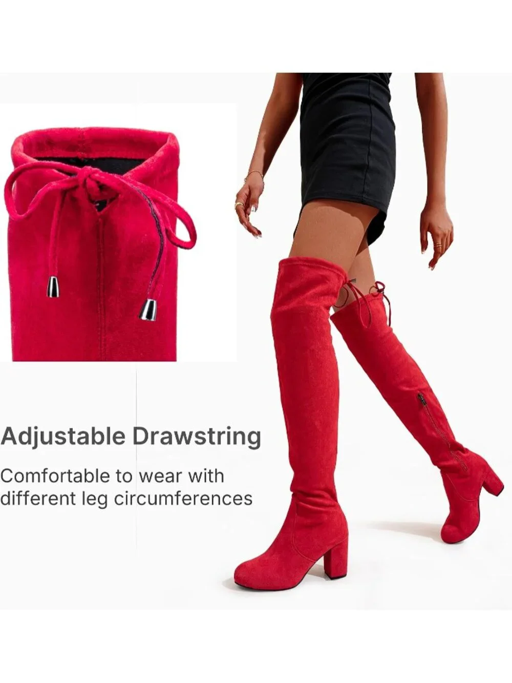 Women's Red Chunky Heel Round Toe Side Zipper Over The Knee Thigh High Boots